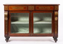 A Regency rosewood and brass marquetry glazed side cabinet, circa 1815;