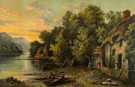 British School, 19th Century - View of a dockyard at sunset - Oil on board - 16.5 x 24.5cm, 31 x 39.