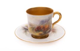 A Royal Worcester porcelain cup and saucer each painted with Highland Cattle by Harry Stinton,