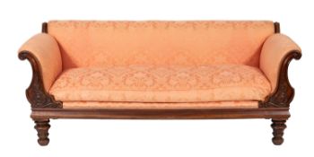 A Regency rosewood and upholstered sofa, circa 1815; the straight back,