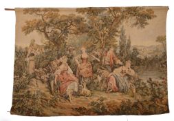 A Continental tapestry panel depicting Watteauesque figures in an Arcadian landscape,