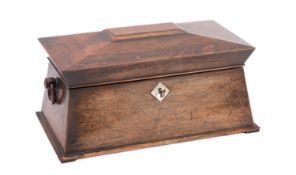 A Regency rosewood tea caddy, circa 1815; of sarcophagus form,