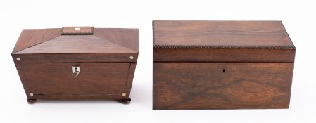 Two Regency rosewood tea caddies, early 19th century; comprising a rectangular example,