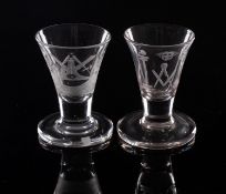 Two Masonic firing glasses with trumpet shaped bowls,