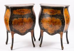 A pair of Neapolitan painted wood bombe commodinos, in 18th Century style,