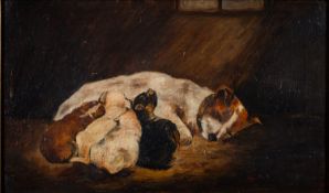 British School, 19th Century - Mother and her pups - Oil on canvas - 29.5 x 49.5cm, 44.5 x 64.