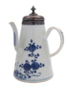 A Chinese blue and white chocolate pot, Qianlong with side handle,