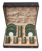 A cased set of six Royal Worcester silver-gilt mounted demitasse coffee cans and saucers decorated