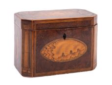 A George III burr yew and marquetry tea caddy in Sheraton taste,