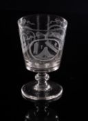 A Masonic rummer the bucket shaped bowl engraved with circular ribbon bound panels,