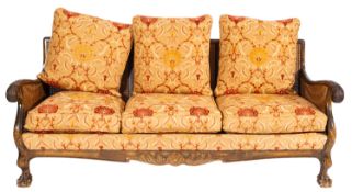 A beech, canework and upholstered bergere suite,
