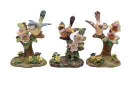 Three Crown Staffordshire porcelain bird figures of a Chaffinch, Blue Tit and a Goldfinch,
