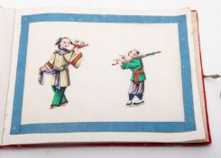 Chinese paintings on rice paper in three small original albums, 19th century depicting figures,
