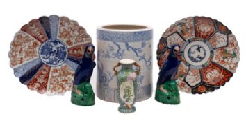 A mixed lot of Oriental and other ceramics comprising two Chinese blue and green glazed hawks,