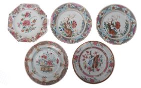 A pair of Chinese famille rose plates and three similar, Yongzheng/Qianlong one octagonal,