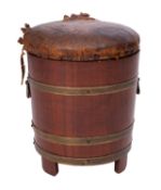 A Victorian brass bound oak log bin, later adapted as a stool with leather upholstered seat,