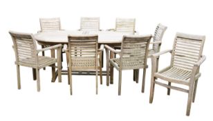 A suite of teak garden furniture, comprising an extending dining table and eight elbow chairs,