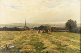 Arthur William Redgate (British, 1860-1906) - Figures in an extensive landscape hay making.