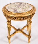 A Continental circular giltwood and marble topped gueridon or vase stand,