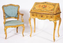 A Neapolitan painted and parcel giltwood Bureau de Dame with elbow chair en suite,