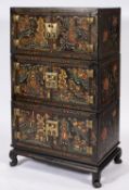 A Chinese painted and laquered wood three tier chest on stand,