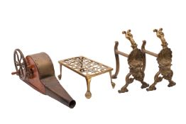 A set of brass mounted oak peat bellows, late 19th century; with spoked wheel and conical spout,