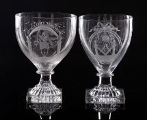 Two Masonic glass rummers one engraved with Masonic symbols,
