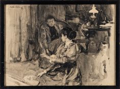 Walter Frederick Osborne (British,1859-1903) Interior scene with figures - Watercolour - 24 x 33cm,