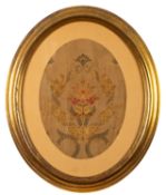 A set of four embroidered silk oval floral panels,