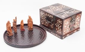 A Chinese inlaid hardwood portable dressing table box,