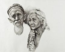 Contemporary School - Portrait of an elderly Thai couple - Charcoal on paper - 50 x 64cm,