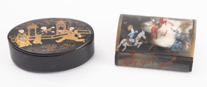 A late 19th Century oval mache snuff box with chinoiserie decoration,