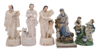 Two pearlware figure groups of the Widow of Zarapheth under Pratt colours, 26 and 19cm high,