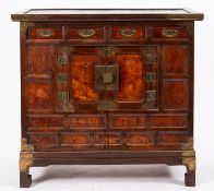 A Chinese burr elm and elm brass mounted chest,