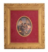 A German porcelain oval plaque, late 19th century painted with children playing dice after Murillo,