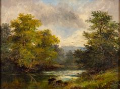 William A Toplis (British, 1857 - 1942) - A river scene with wooded banks - Oil on canvas - 29.