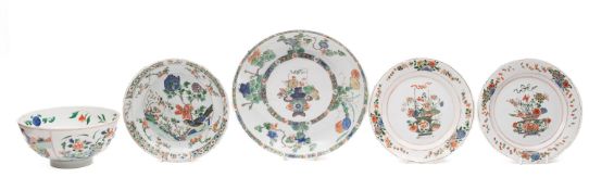 A mixed lot of Chinese famille verte porcelain, Kangxi variously painted with figures, birds,