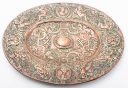 A Continental Baroque cast copper oval platter, first half 17th century; the broad,