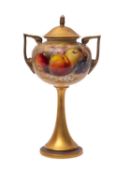 A Royal Worcester 'Painted Fruit' two-handled pedestal vase and cover by William Ricketts of