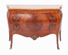 A pair of marble topped walnut, tulipwood and kingwood banded commodes in Louis XV style,