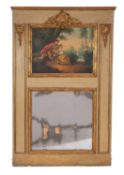 A painted and parcel gilt framed trumeau mirror in Louis XV style, 19th century; rectangular,