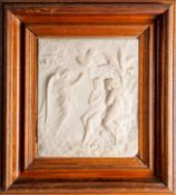 A Continental sculpted white marble relief depicting the Expulsion from the Garden of Eden,