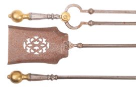 A set of steel and brass mounted fire tools in George III style, comprising shovel, poker,