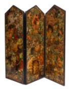 A Victorian ebonised and parcel giltwood framed scrap screen,