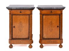 A pair of Victorian inlaid maple and marble topped bedside cupboards,