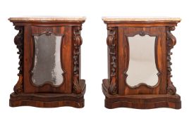 A pair of rosewood and mahogany marble topped collector's cabinets in 18th Century style,