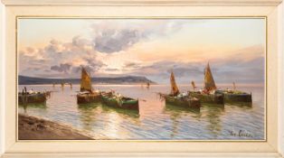 De Luca (Italian, 20th Century) - Neapolitan fishermen - Oil on canvas - 50 x 100.5cm, 65 x 115.