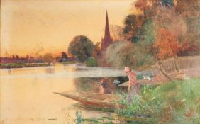 Thomas Mackay (British, 1851-1920) - A lady in a punt at the river's edge at dusk,