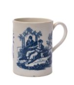 A First Period Worcester mug of cylinder form printed in blue with La Pêche and La Promenade