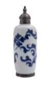 A small Chinese metal-mounted blue and white bottle,